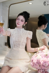 VT trắng ren cộc tay đính nơ eo - CS2