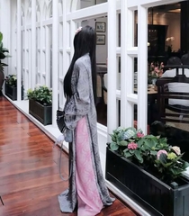 AD lụa thọ xám cổ bo tròn đính nơ vai + quần lụa thọ hồng