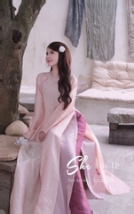 AD hồng tằm cổ tròn tag hoa pha lê + quần tằm hồng tím