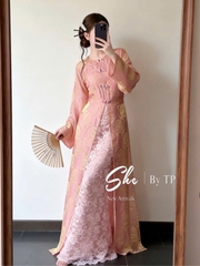Ad Hồng tứ thân tơ ánh cổ tròn lót ren 4tag nơ CS1,2