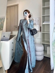 AD cổ tròn xanh đậm vân hoa viền nâu + quần nâu vân hoa cùng chất CS1