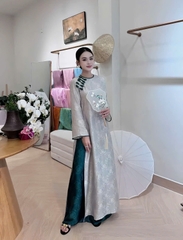 AD thọ rơi xám viền xa đính 5 tag nơ +quần thọ xanh đậm(M,L) CS1,2