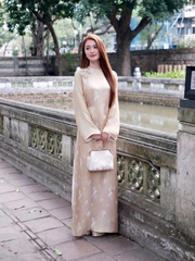 AD be vàng gấm lụa vân hoa + quần gấm hoa vàng kem CS1