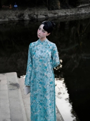 AD xanh dương kim sa hoa 3 nơ vai (quần lụa kem thường) CS1
