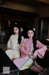 AD kem tơ ánh thọ rơi lót vàng 4 tà cổ 3p đính nơ vai +quần tơ hồng cam