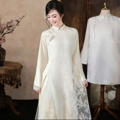 AD kem ren 4 tà lót lụa đính tag hoa trắng +quần kem trơn