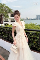 VT kem ren hoa lá cổ V cộc tay chân lưới