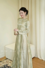 AD xanh cốm cổ tròn vân hoa tròn + quần kem vân công CS1