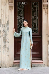AD gấm lụa xanh hoa vàng 4 tà quần gấm lụa hồng CS1
