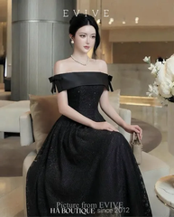 VT đen trễ vai ren hoa mix nơ vai cs1