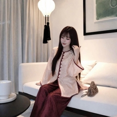 Set pháp phục hồng thọ rơi viền đỏ +quần thọ rơi đỏ