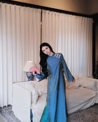 AD xanh dương tơ óng 4 tà cổ 3p 3 nơ kem ( quần xanh đậm tơ óng) CS1