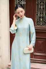 AD gấm lụa xanh hoa vàng 4 tà quần gấm lụa hồng CS1