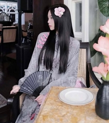 AD lụa thọ xám cổ bo tròn đính nơ vai + quần lụa thọ hồng