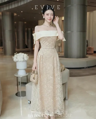 VT nâu ren hoa trễ vai mix nơ vai CS1