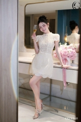 VT trắng ren cộc tay đính nơ eo - CS2