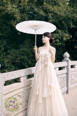 set váy yếm KEM hoa ngực - CS1