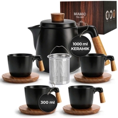 BỘ ẤM CHÉN TRÀ 1 ẤM 4 CÔC MIAMIO TEAPOT QUAI GỖ MÀU ĐEN / TRẮNG