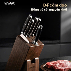 Bộ 5 dao kèm đế gỗ, cán dao bằng gỗ, lưỡi dao cố định bằng thép không gỉ. Model: PK MF79. Hiệu: GKOCH