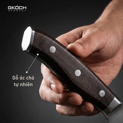 Bộ 5 dao kèm đế gỗ, cán dao bằng gỗ, lưỡi dao cố định bằng thép không gỉ. Model: PK MF79. Hiệu: GKOCH