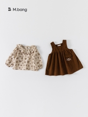 Set váy yếm nhung và áo dài tay bé gái Mbang màu nâu phong cách, Set yếm 2 chi tiết cho bé gái sang chảnh