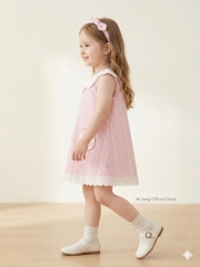 Váy bé gái M.bang dáng chữ A cổ sen họa tiết kẻ caro gingham hồng dễ thương cho bé từ 8 tháng đến 5 tuổi