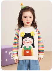 Áo nỉ dài tay CUTEPANDA'S cho bé gái  họa tiết cô gái 3D nổi đáng yêu, tay phối sọc cầu vồng.
