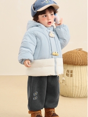Áo khoác phao CUTEPANDA'S 3 lớp chần bông dày dặn, cúc cài hình cho bé trai, bé gái