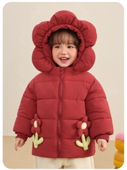 Áo khoác phao CUTEPANDA'S 3 lớp trần bông mũ hoa siêu mềm ấm cho bé gái