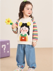Áo nỉ dài tay CUTEPANDA'S cho bé gái  họa tiết cô gái 3D nổi đáng yêu, tay phối sọc cầu vồng.