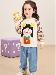 Áo nỉ dài tay CUTEPANDA'S cho bé gái  họa tiết cô gái 3D nổi đáng yêu, tay phối sọc cầu vồng.