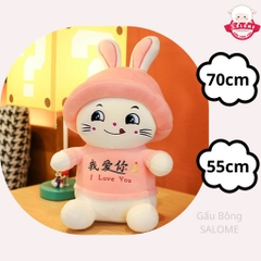Gấu Bông Mèo Ngồi Mắt Liếc Đội Mũ Thỏ Khổng Lồ Dễ Thương SALOME Thú Bông Mèo Hồng Liếm Mép Ôm Ngủ
