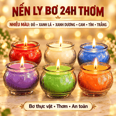 Nến Ly BƠ Thơm 24h Màu Đỏ, Xanh lá,Xanh Dương,Tím,Cam,Trắng(7cm )