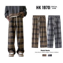Quần Ống Rộng Xếp Ly Kẻ Sọc Caro Chất Dạ Dày Dặn Lưng Cao Nam Nữ Cạp Chun Hack Dáng HK1970 Q185 Menswear Pants Ong