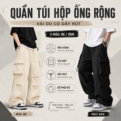 Quần Ống Rộng Nam Nữ Có Dây Rút Unisex, Quần Túi Hộp Vải Dù Phong Cách Hiphop Đường Phố Q130 Nam Menswear Pants Đen Trắng