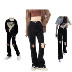 Quần Jean Nam Nữ Rách Gối Ống Đứng Thời Trang Hàn Quốc 2023 Q008 Pants Ong Women