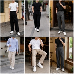 Quần Tây Nam, Quần Âu Nam Vải Cotton Hàn Dáng Quần Ống Suông Rộng Trơn Q087 Menswear Pants Đen Ong dịp Thông thường Có Túi