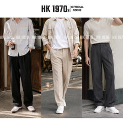 Quần Tây Nam, Quần Âu Nam Vải Cotton Hàn Dáng Quần Ống Suông Rộng Trơn Q087 Menswear Pants Đen Ong dịp Thông thường Có Túi