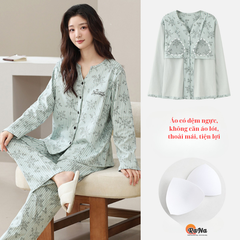 Bộ pijama thu đông cài nút có sẵn đệm ngực