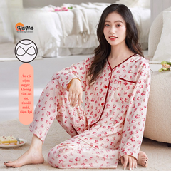 Bộ pijama thu đông cài nút có sẵn đệm ngực