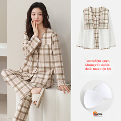 Bộ pijama thu đông cài nút có sẵn đệm ngực
