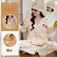 Bộ pijama ngủ cho mẹ bầu bỉm có chỗ cho con bú tặng kèm mũ