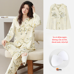 Bộ pijama thu đông cài nút có sẵn đệm ngực