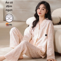 Bộ dài tay pijama có sẵn đệm ngực Cài Nút thu đông