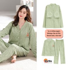 Bộ dài tay pijama có sẵn đệm ngực Cài Nút thu đông