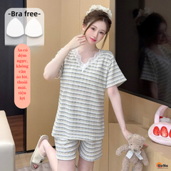 Bộ đồ ngủ mùa hè mới dành cho nữ, có áo ngực tích hợp, thiết kế cổ chữ V sọc màu, viền ren, dáng rộng rãi, thoải mái