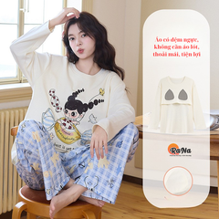 Bộ đồ mặc nhà thu đông thun coton cao cấp cổ tròn