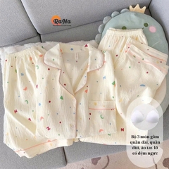 Đồ Bộ Nữ 3 Món Có Đệm Ngực – Áo Tay Lỡ, Quần Dài & Quần Đùi