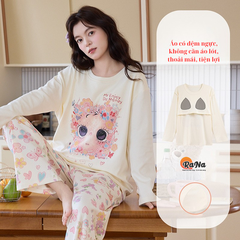 Bộ đồ mặc nhà thu đông thun coton cao cấp cổ tròn