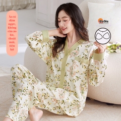 Bộ dài tay pijama có sẵn đệm ngực Cài Nút thu đông